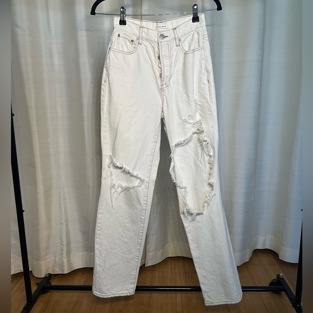 PacSun White Straight Leg Jeans with Distressed Details